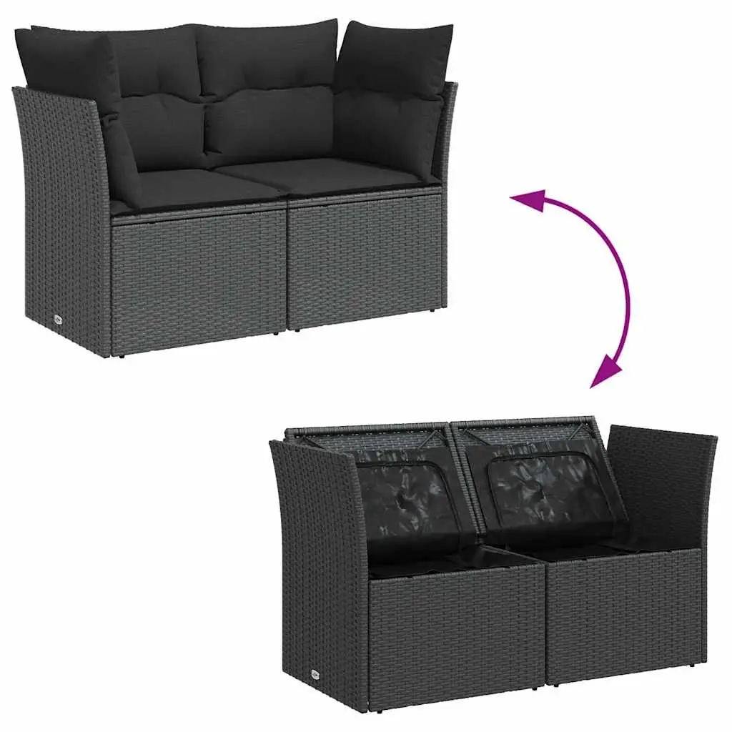 2-Seater Outdoor Sofa Black PE Rattan with Cushions and Storage Compartment