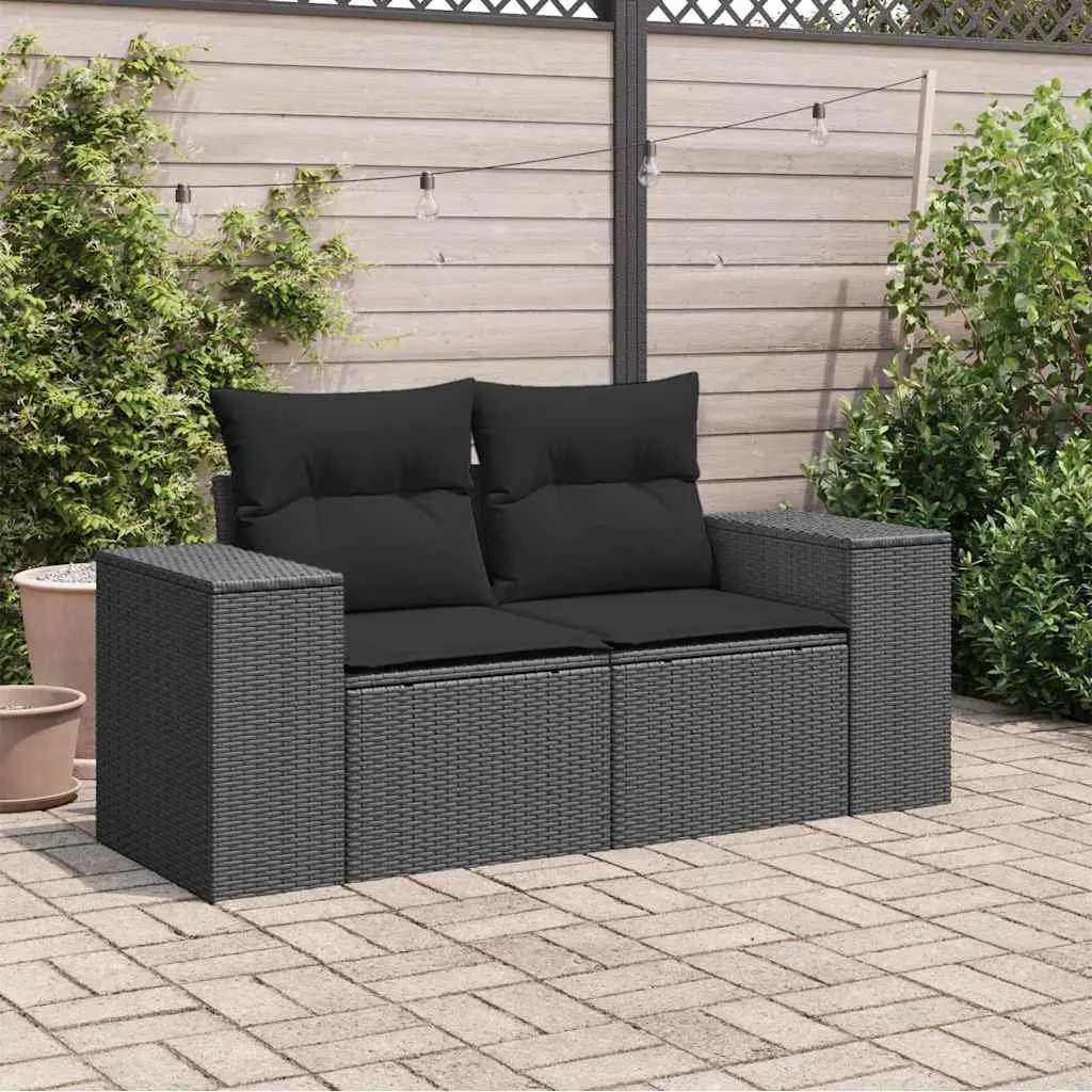 2-Seater Garden Sofa Outdoor Furniture with Cushions Storage Black Rattan