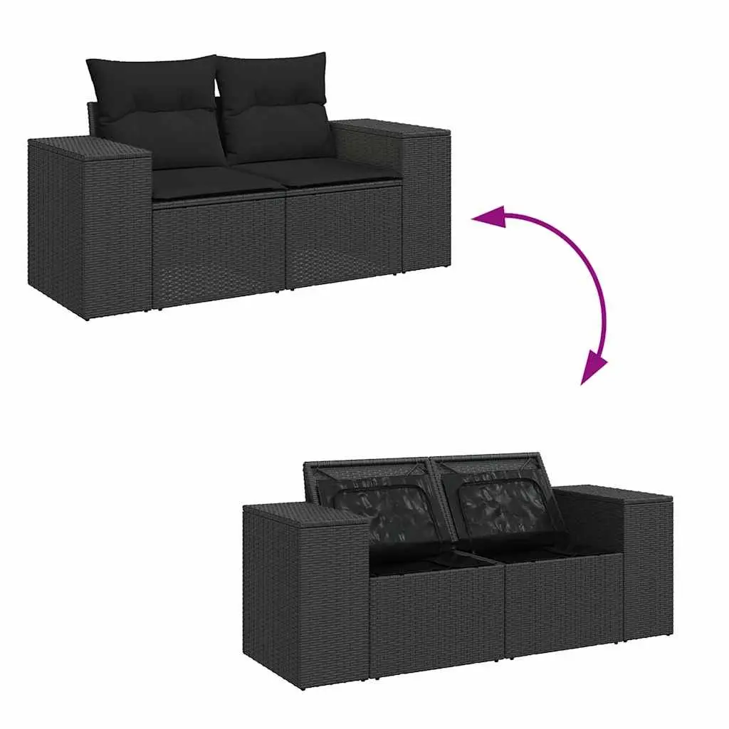 2-Seater Garden Sofa Outdoor Furniture with Cushions Storage Black Rattan