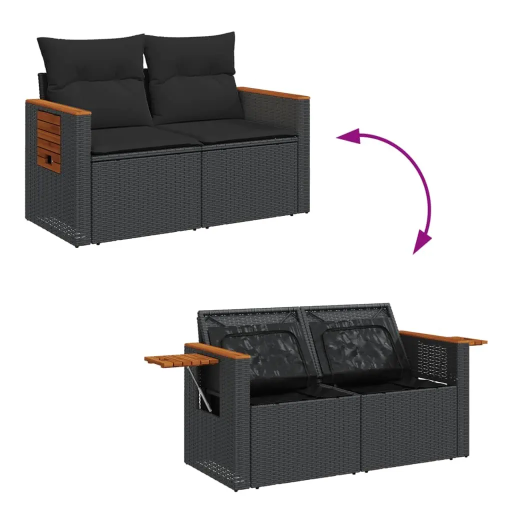 Garden Sofa 2-Seater with Cushions Black Poly Rattan Outdoor Patio Couch Seat