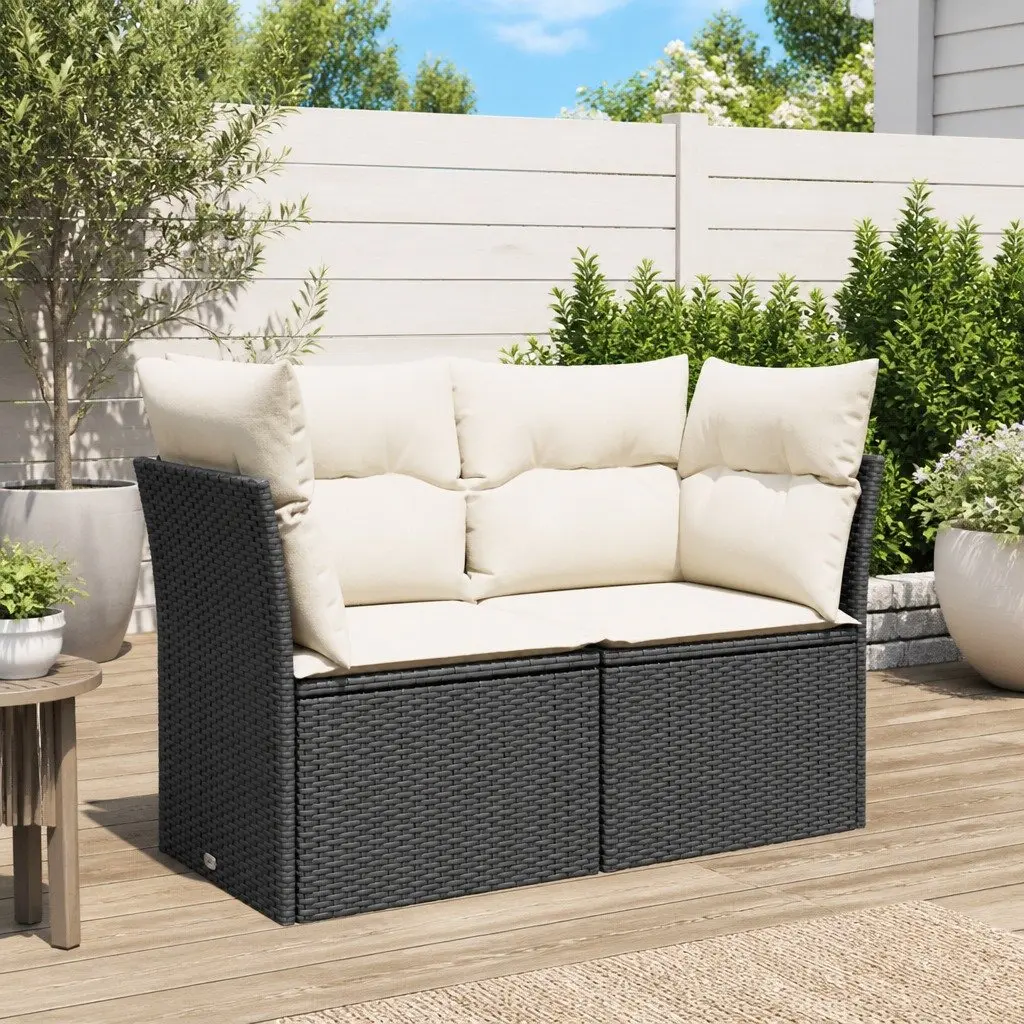 2-Seater Garden Sofa with Cushions Outdoor Patio Seating Black Poly Rattan