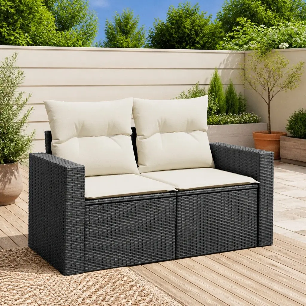 2-Seater Garden Sofa PE Rattan Black with Cushions