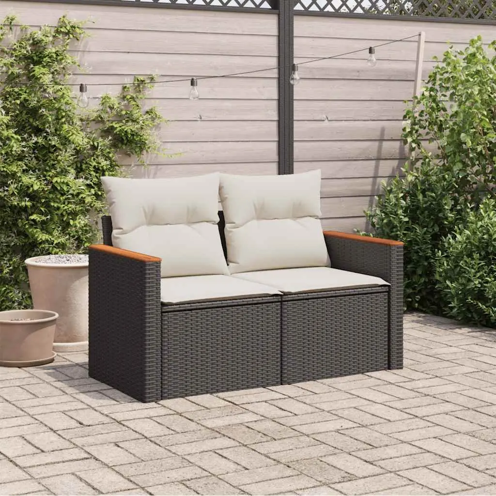 2-Seater Garden Sofa with Cushions Outdoor Patio Furniture Black Poly Rattan