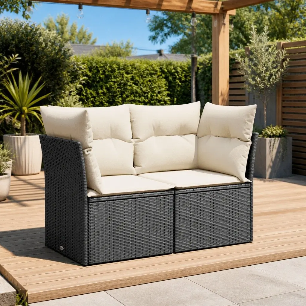 2-Seater Garden Sofa PE Rattan Outdoor Lounge Seat with Cushions Black