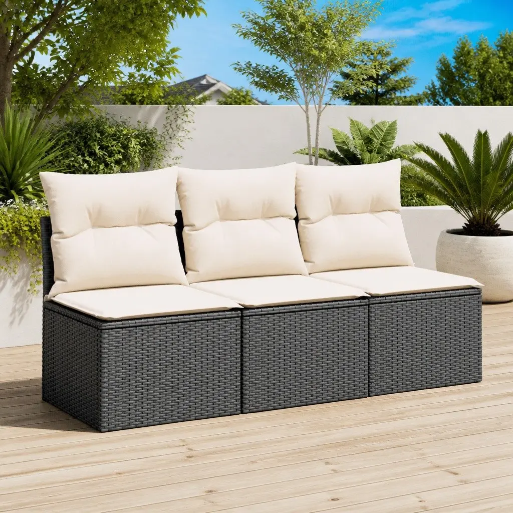 3-Seater Garden Sofa Modular Black PE Rattan with Cushions and Storage