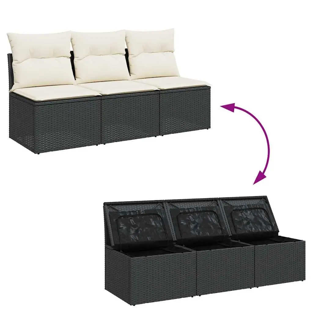 3-Seater Garden Sofa Modular Black PE Rattan with Cushions and Storage