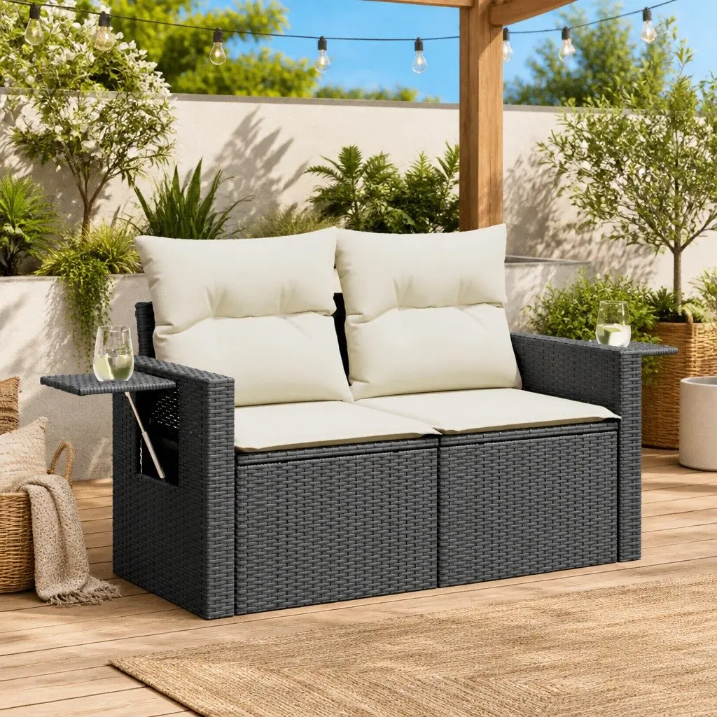 2-Seater Garden Sofa Outdoor Furniture with Cushions Rattan Design Black