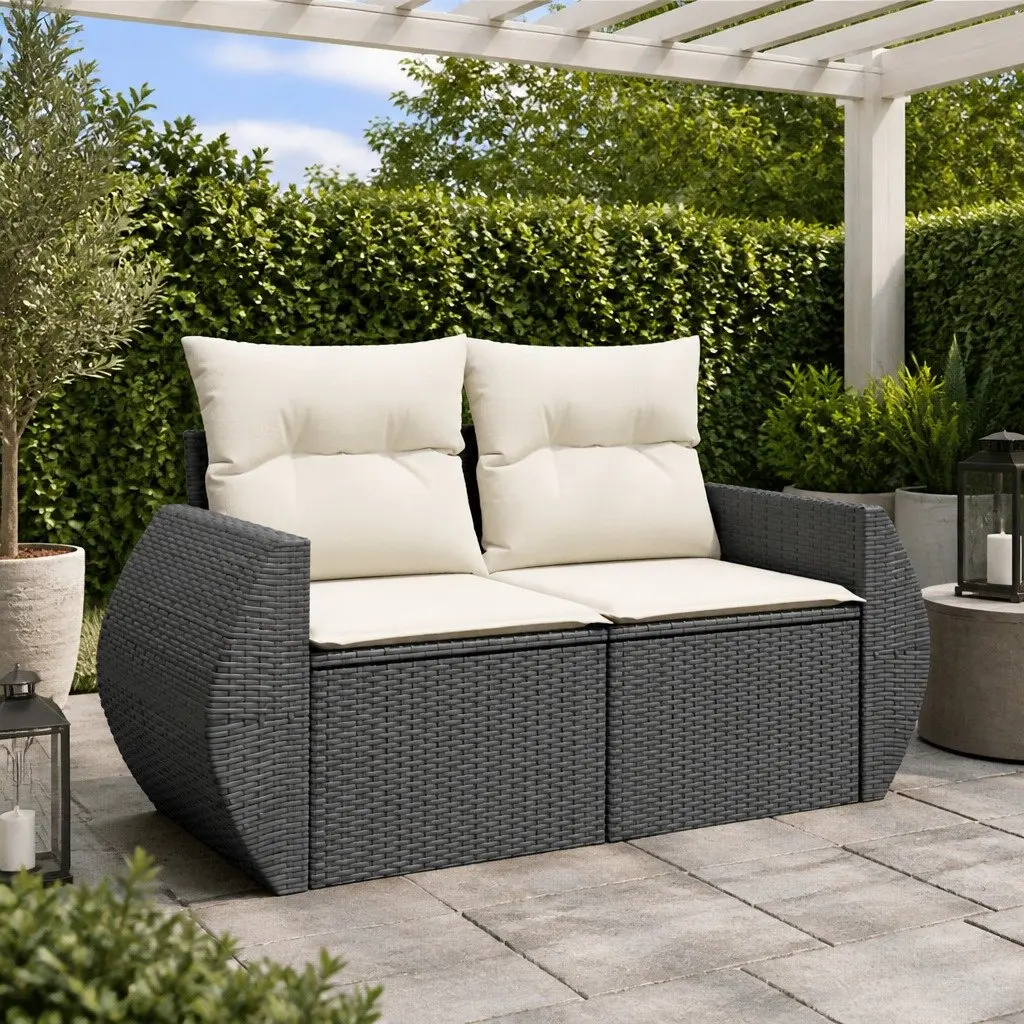 2-Seater Outdoor Sofa Black PE Rattan Garden Furniture with Storage Cushions