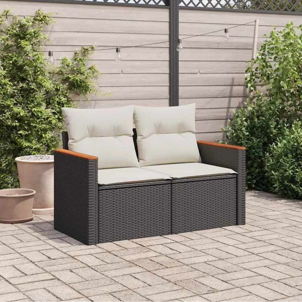 Outdoor Garden Sofa 2-Seater Black Poly Rattan with Storage Cushions Modular