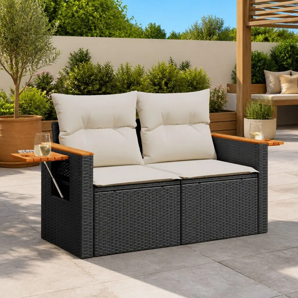 2-Seater Outdoor Sofa Black PE Rattan with Storage and Cushions