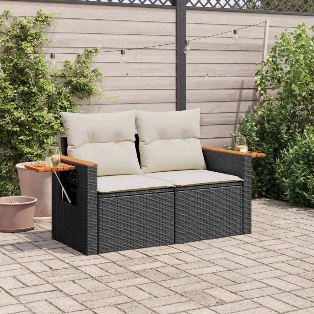 2-Seater Outdoor Sofa Black PE Rattan with Storage and Cushions