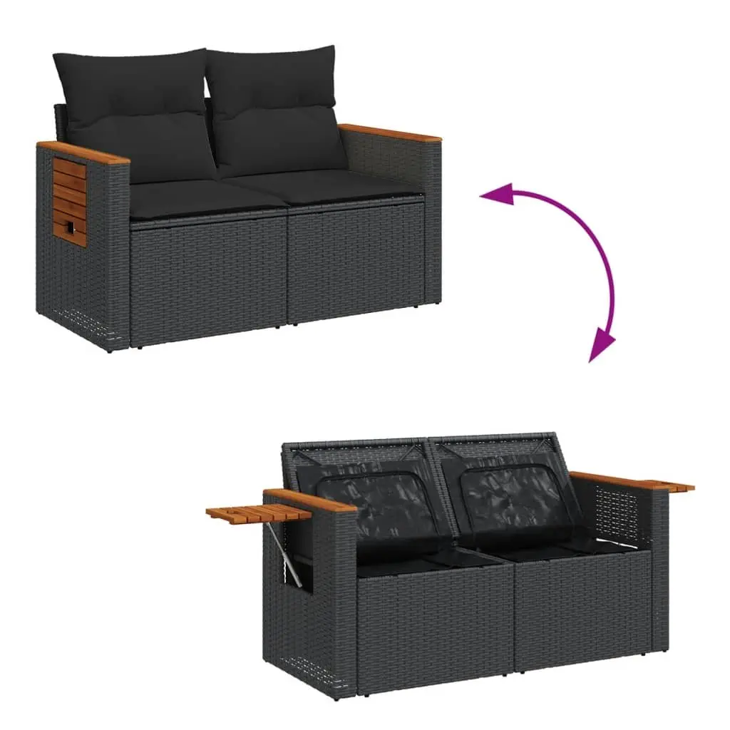 2-Seater Outdoor Sofa Black PE Rattan with Storage and Cushions