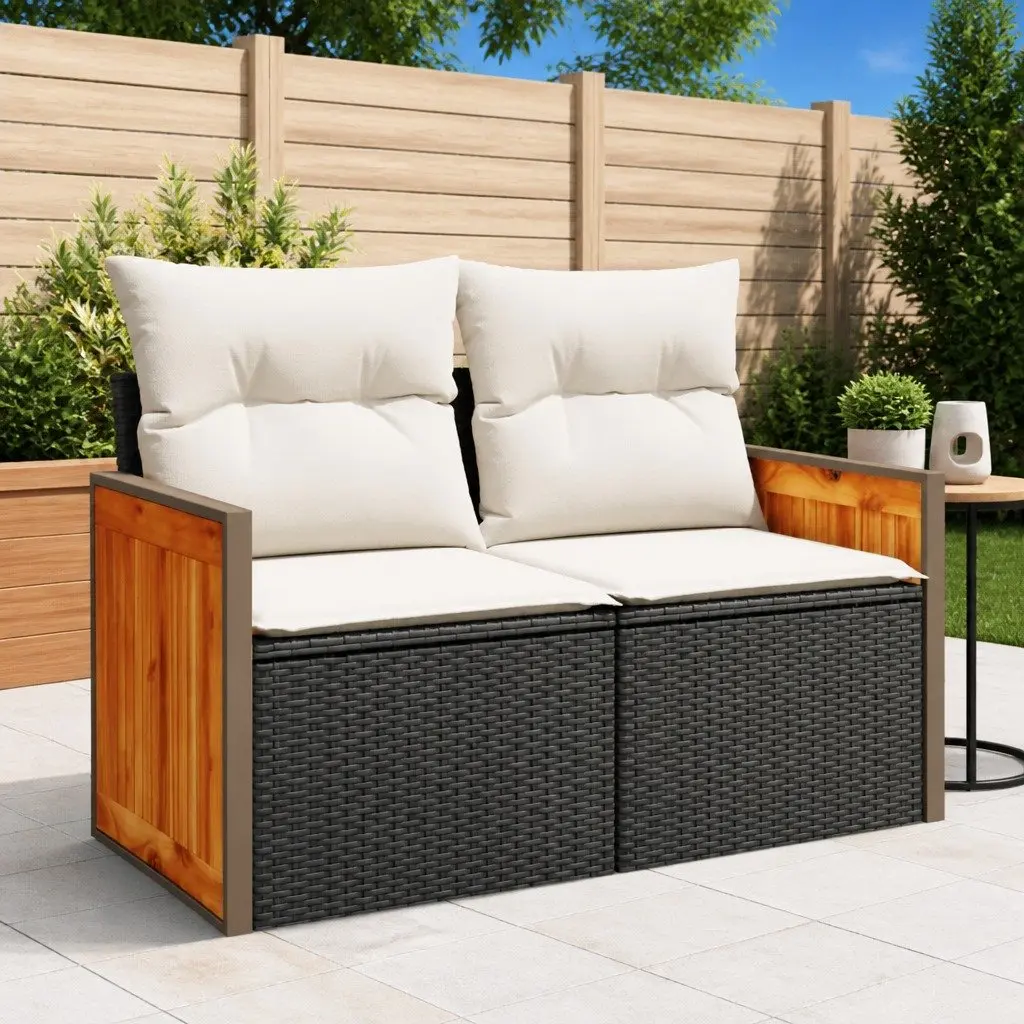 Outdoor Garden Sofa PE Rattan 2-Seater Black with Cushions Storage