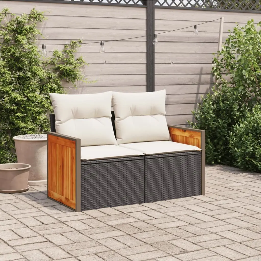 Outdoor Garden Sofa PE Rattan 2-Seater Black with Cushions Storage