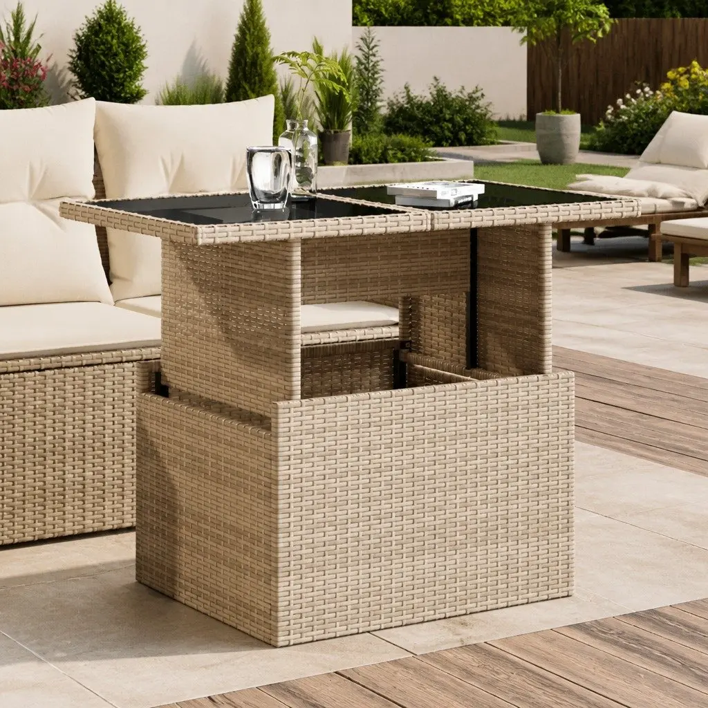 Garden Table Adjustable Glass Top Outdoor Furniture Beige Poly Rattan 100x55x73cm