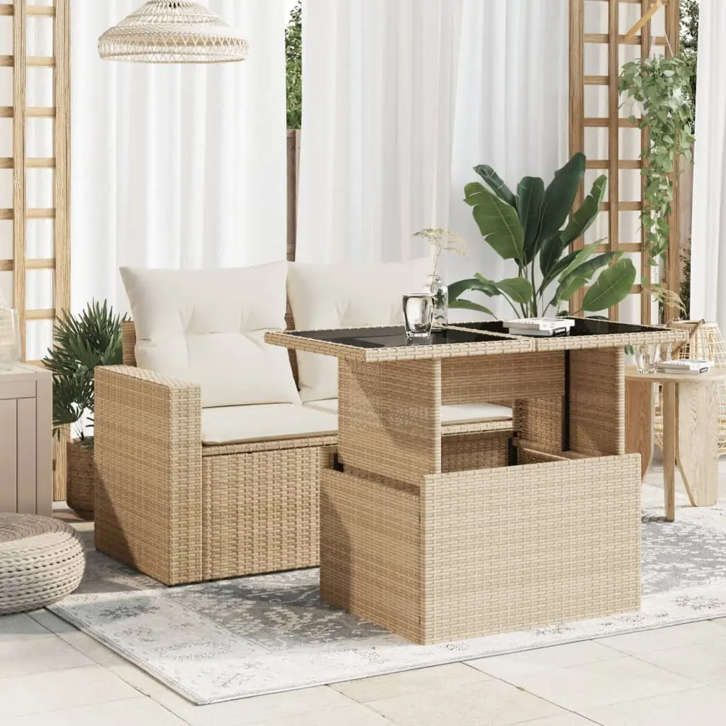 Garden Table Adjustable Glass Top Outdoor Furniture Beige Poly Rattan 100x55x73cm