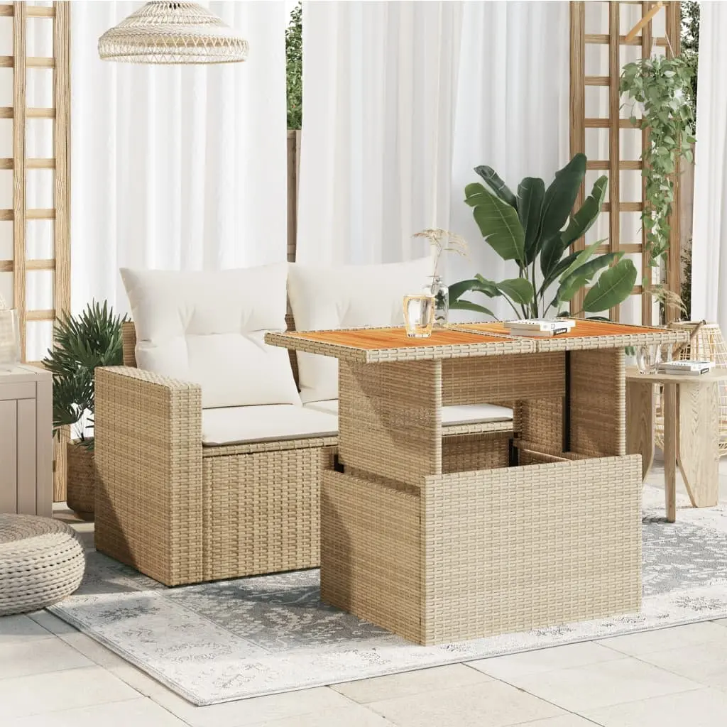Garden Table Acacia Wood PE Rattan Beige Outdoor Adjustable Patio Coffee Dining