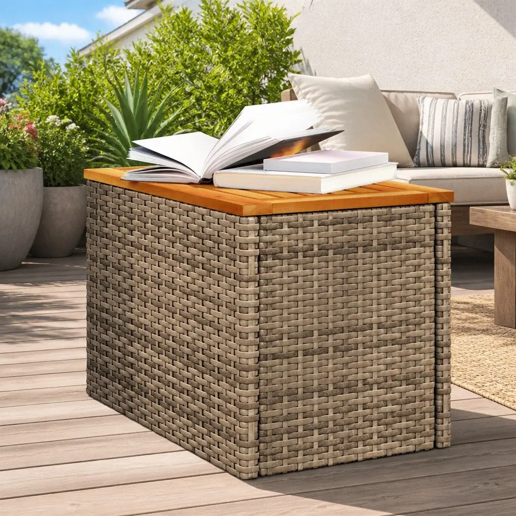 Garden Tables Outdoor Furniture 2 Piece Beige PE Rattan Frame Wood Top