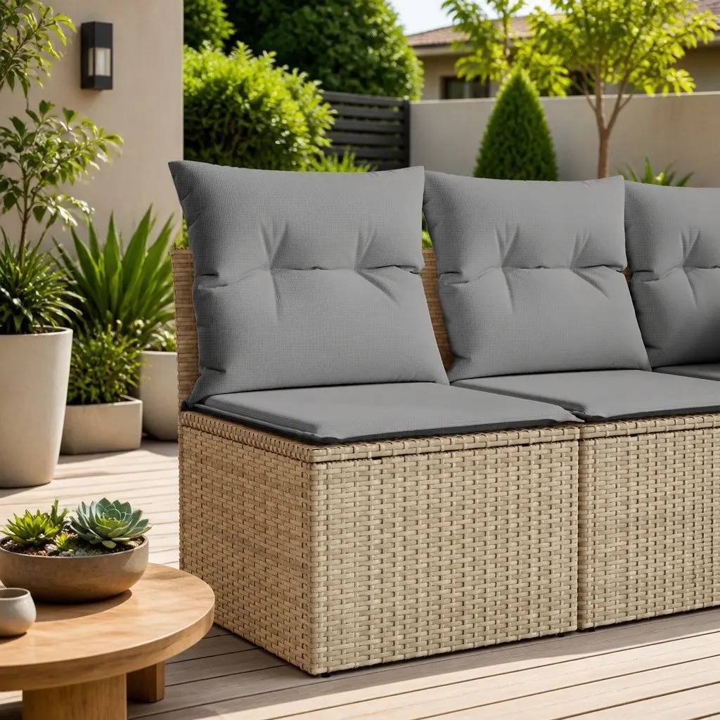 Garden Sofa Armless with Cushions Beige Poly Rattan Modular Outdoor Seating
