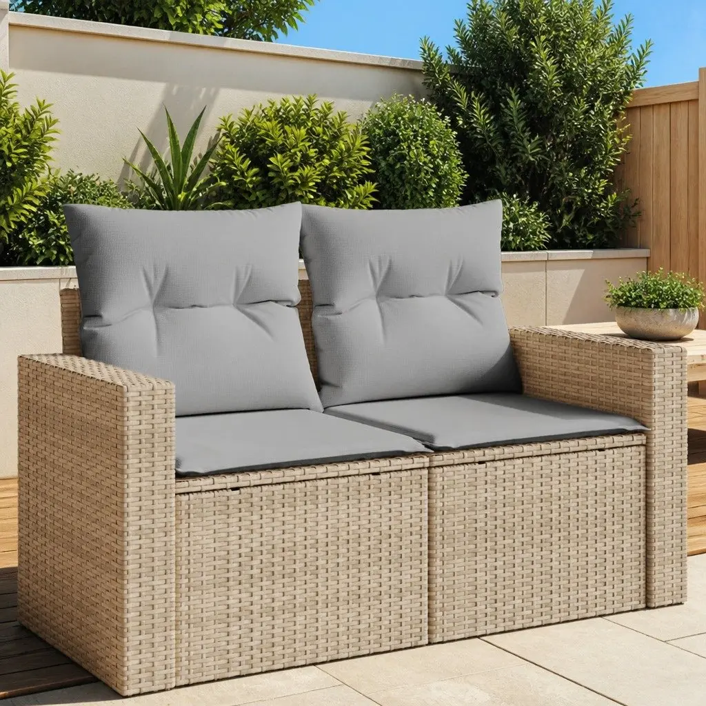 2-Seater Garden Sofa PE Rattan with Cushions Beige Outdoor Patio Furniture