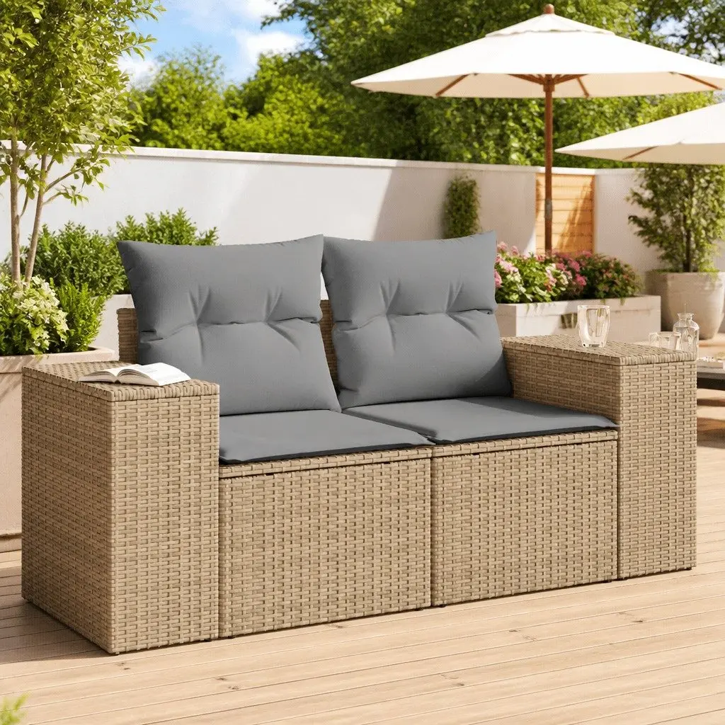 2-Seater Garden Sofa PE Rattan Beige Outdoor Patio Furniture with Cushions