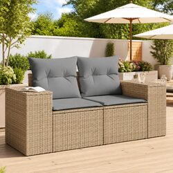 2-Seater Garden Sofa Outdoor Patio Furniture with Cushions Beige Poly Rattan