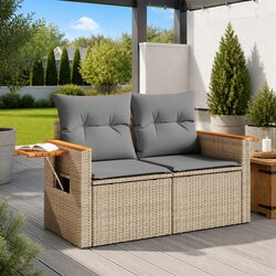 2-Seater Garden Sofa Outdoor Furniture Beige Poly Rattan with Cushions Side