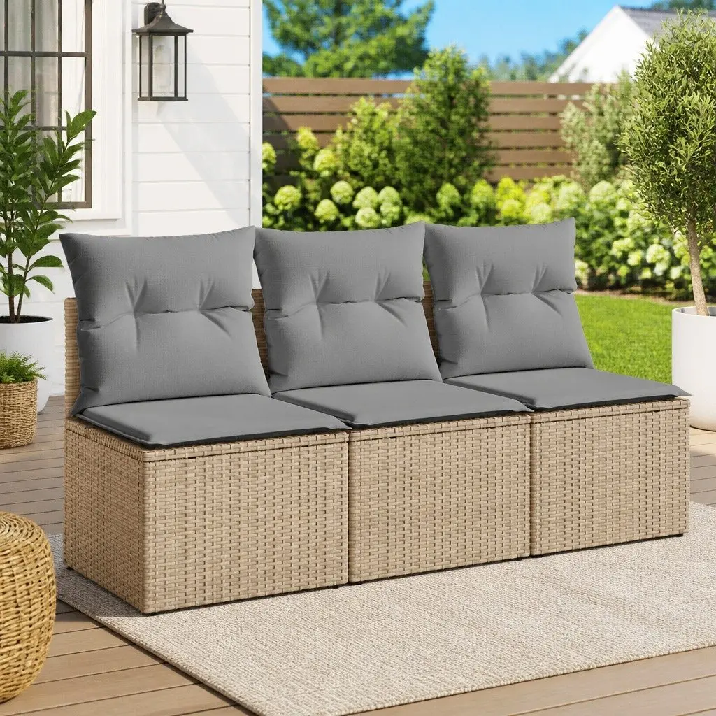 Outdoor Garden Sofa 3-Seater with Storage Cushions Beige Poly Rattan Lounge
