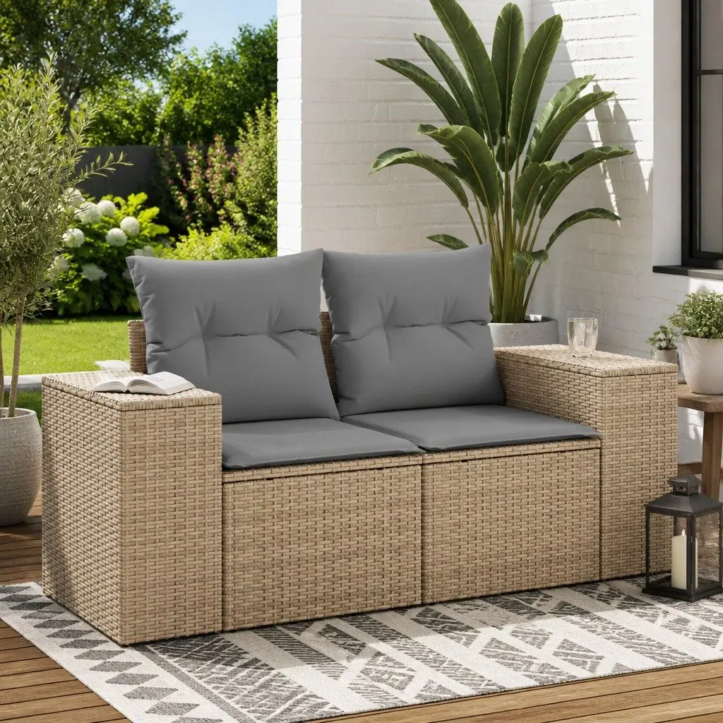 Outdoor Garden Sofa 2-Seater with Cushions Storage Beige Poly Rattan Patio