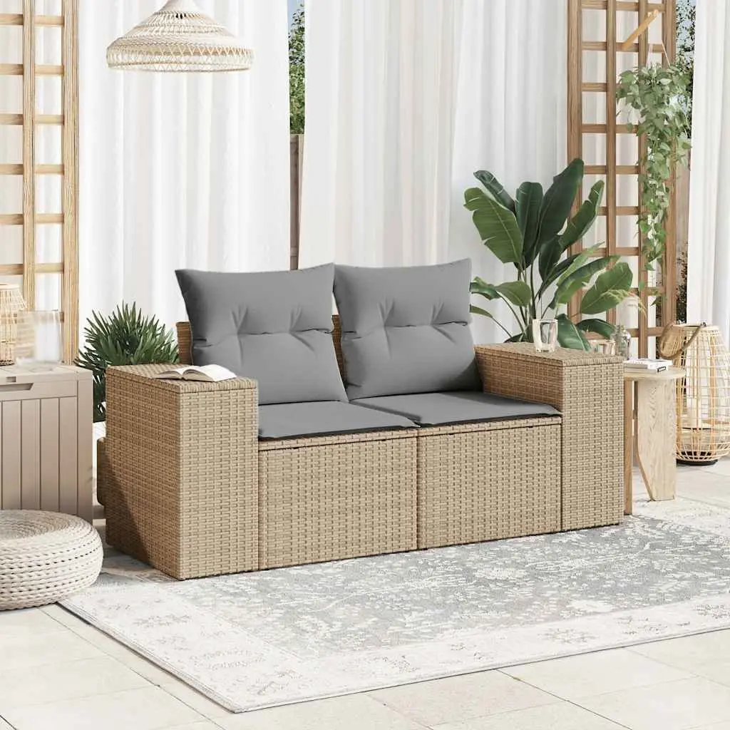 Outdoor Garden Sofa 2-Seater with Cushions Storage Beige Poly Rattan Patio