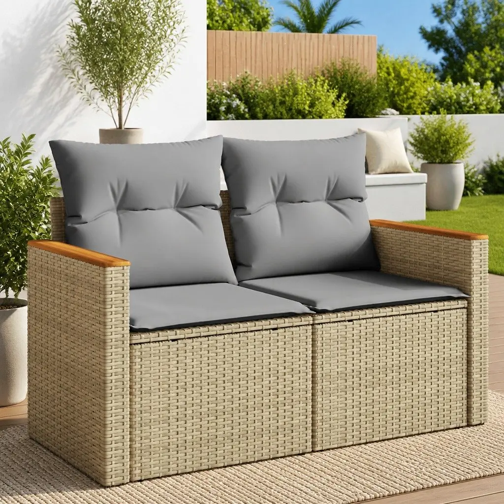 2-Seater Garden Sofa PE Rattan with Storage Beige