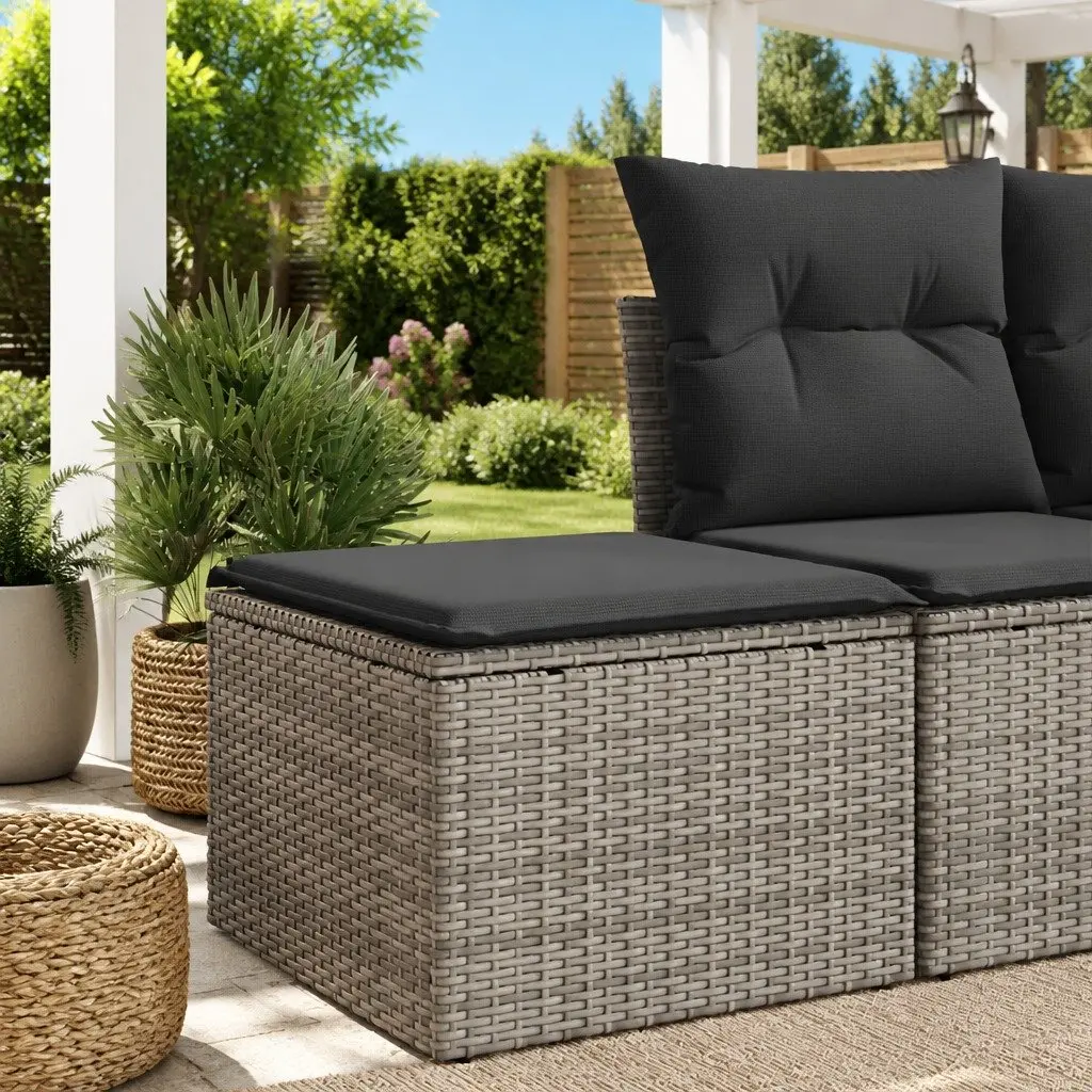 Garden Stool Poly Rattan 55cm Grey Outdoor Foot Rest with Cushion