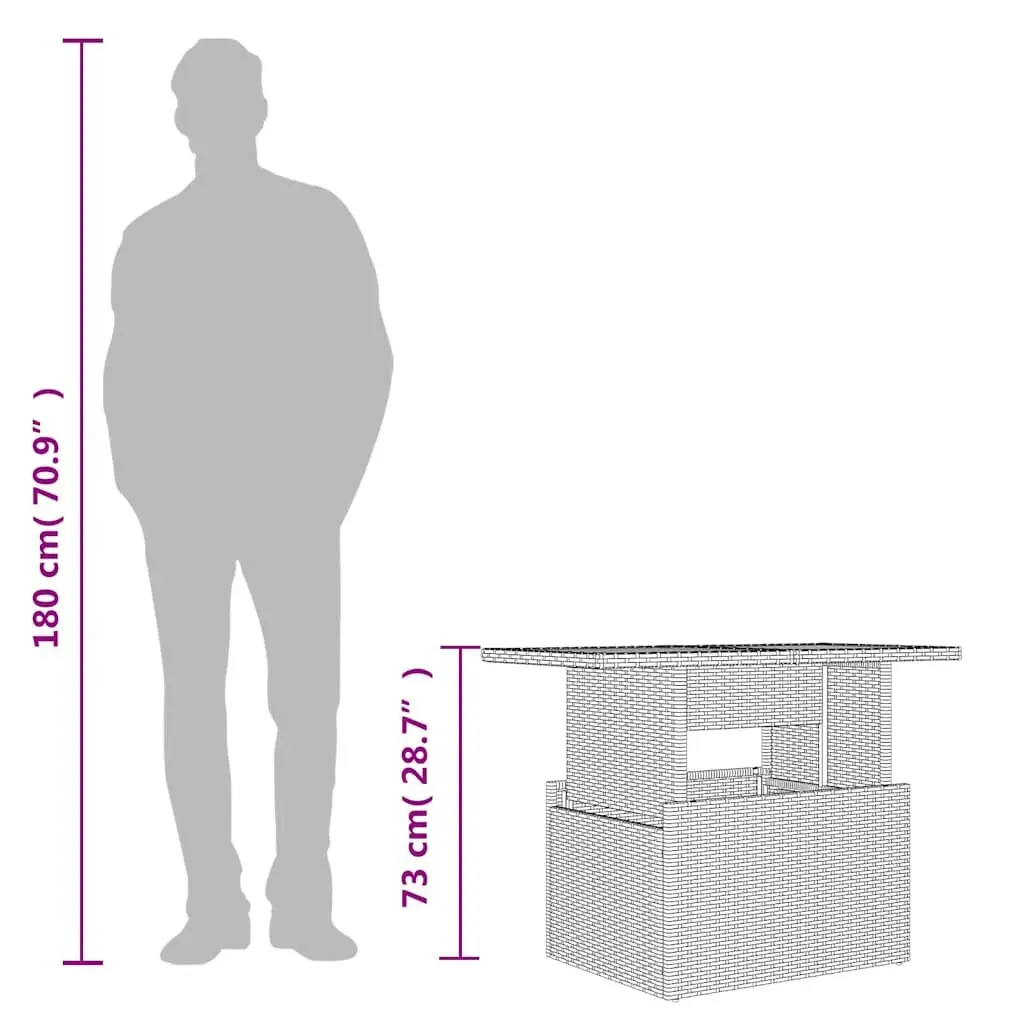 Outdoor Furniture Garden Table Grey Poly Rattan Glass Top Adjustable Height Coffee Dining 100x55x73cm