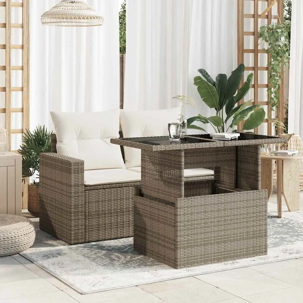 Outdoor Furniture Garden Table Grey Poly Rattan Glass Top Adjustable Height Coffee Dining 100x55x73cm
