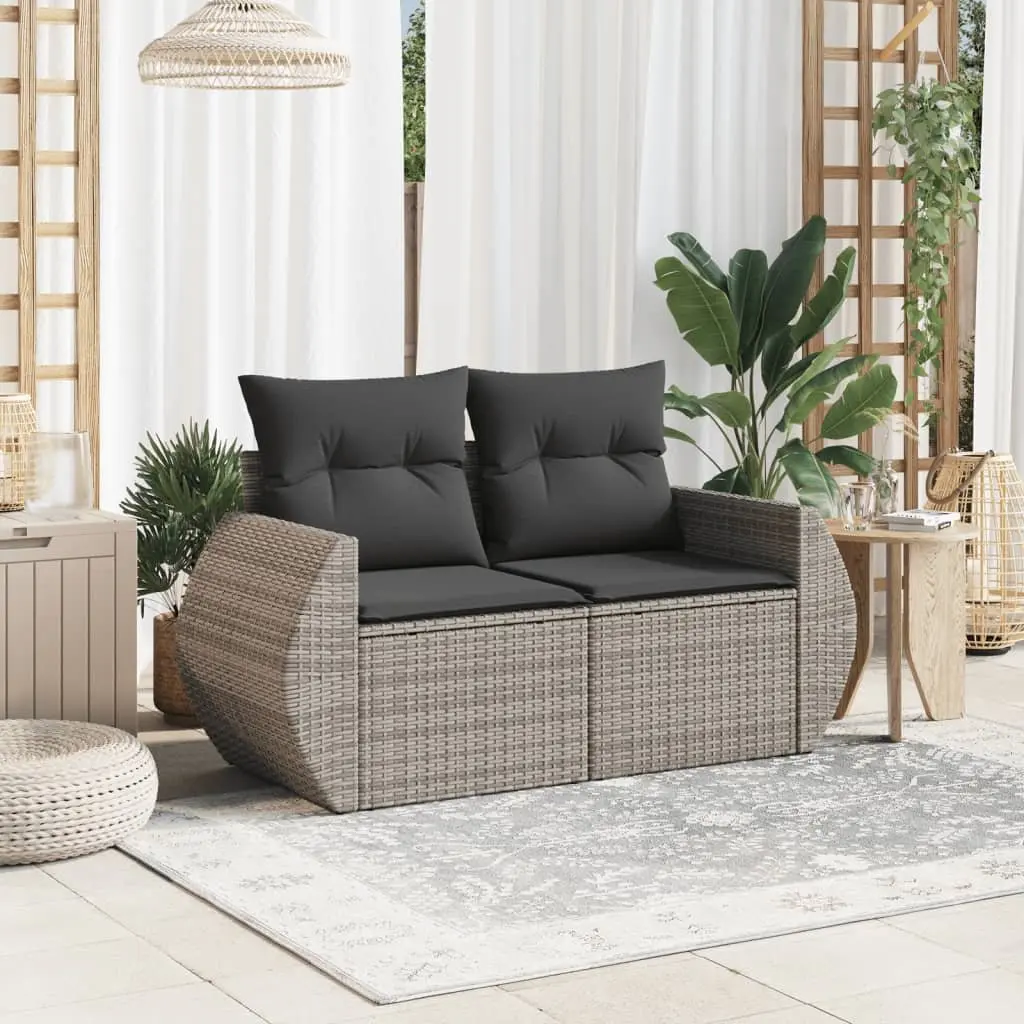 2-Seater Garden Sofa with Cushions Grey Outdoor Patio Furniture Rattan Style