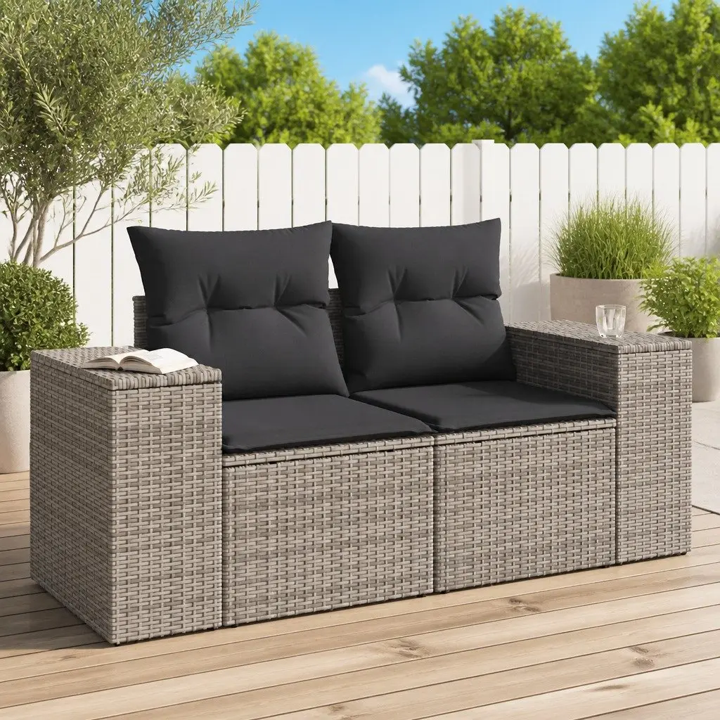 2-Seater Garden Sofa PE Rattan Grey Outdoor Furniture with Cushions