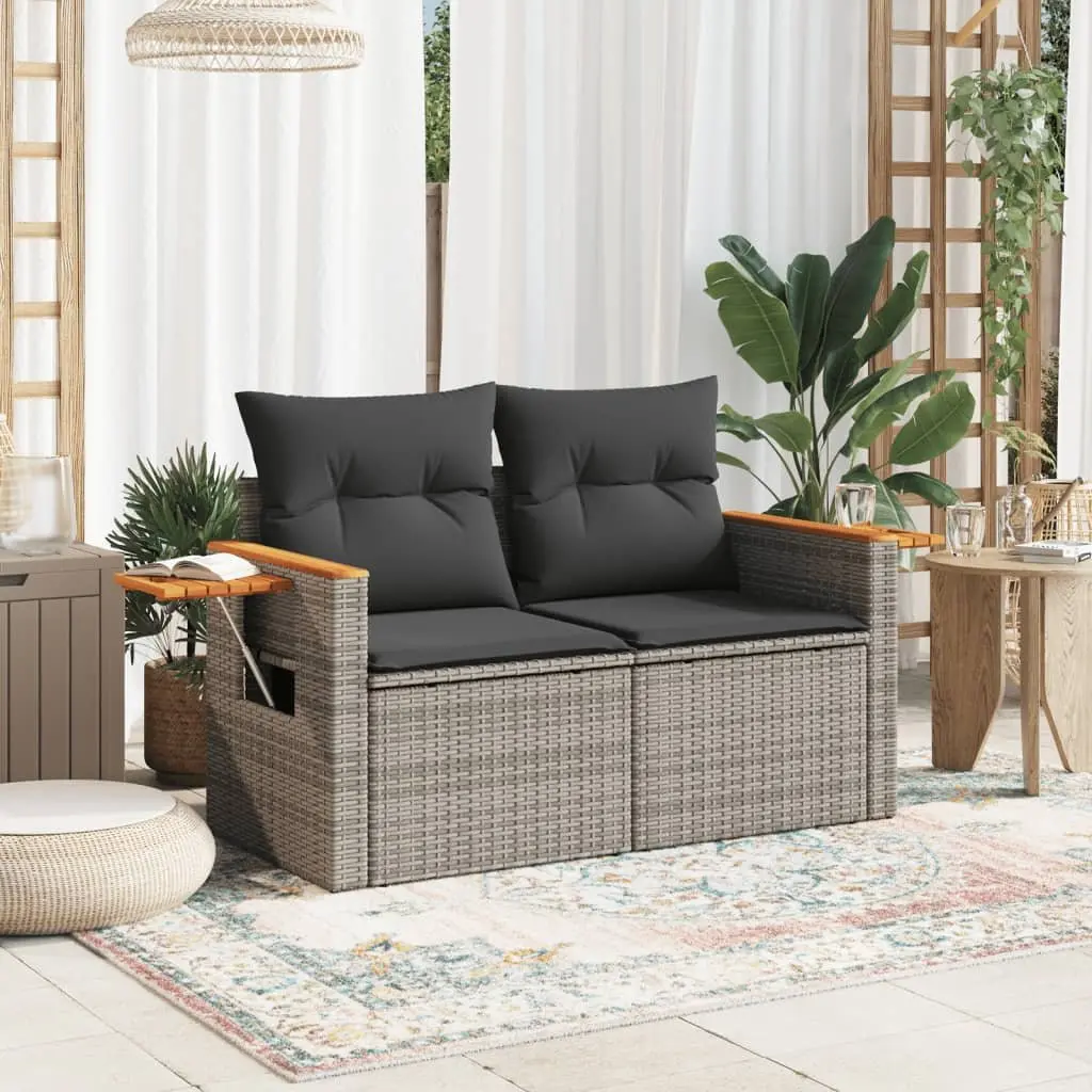 2-Seater Outdoor Sofa Grey PE Rattan Furniture with Cushions and Foldable Side Table