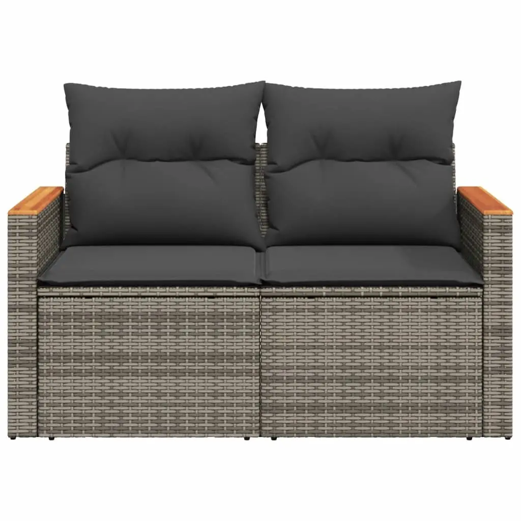 2-Seater Outdoor Sofa Grey PE Rattan Furniture with Cushions and Foldable Side Table