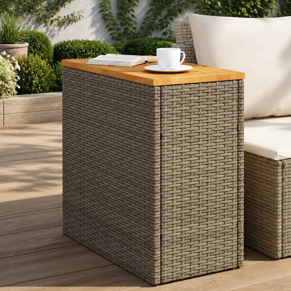 Garden Side Table Outdoor Patio Furniture Grey Poly Rattan Wooden Top