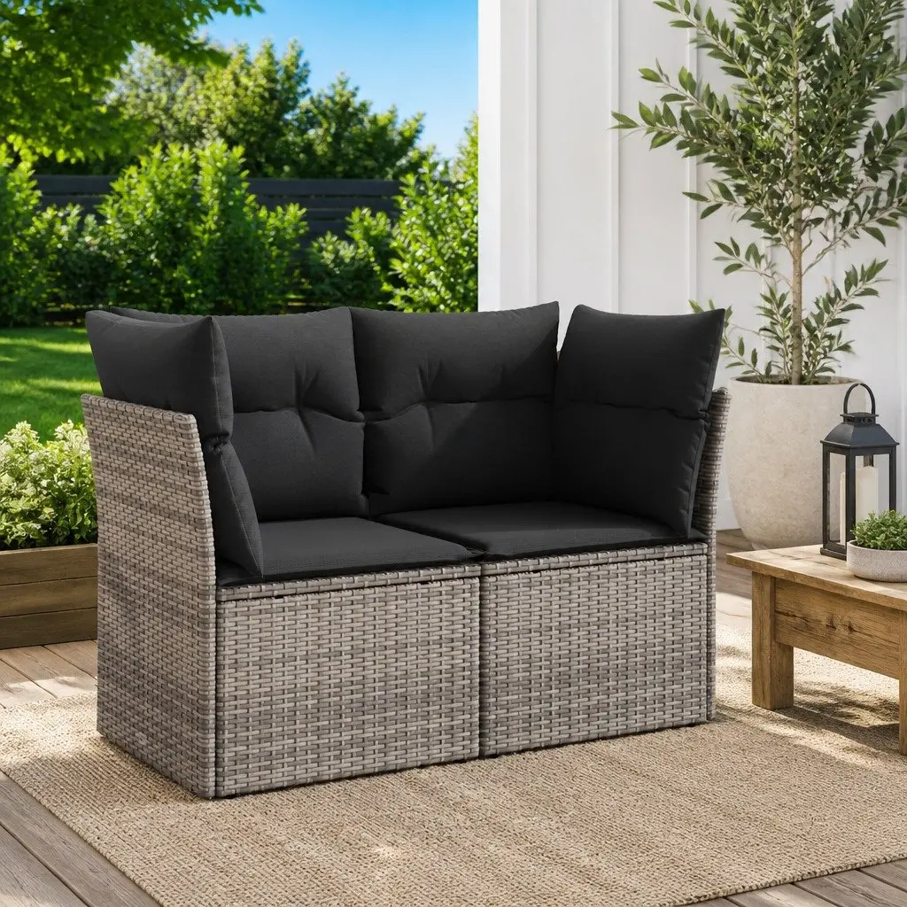 2-Seater Garden Sofa Poly Rattan Grey Outdoor with Cushions and Storage