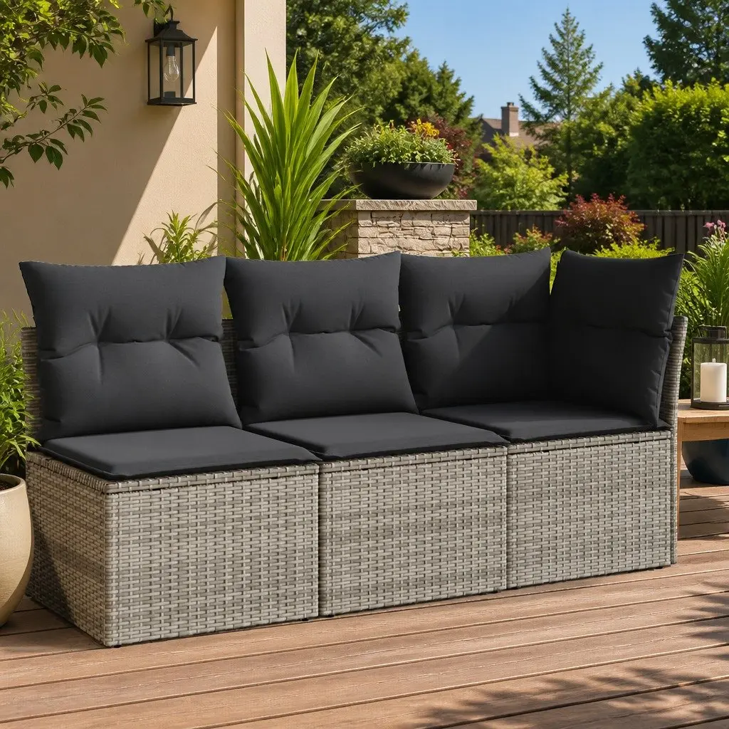 3-Seater Garden Sofa Poly Rattan Grey with Cushions and Storage