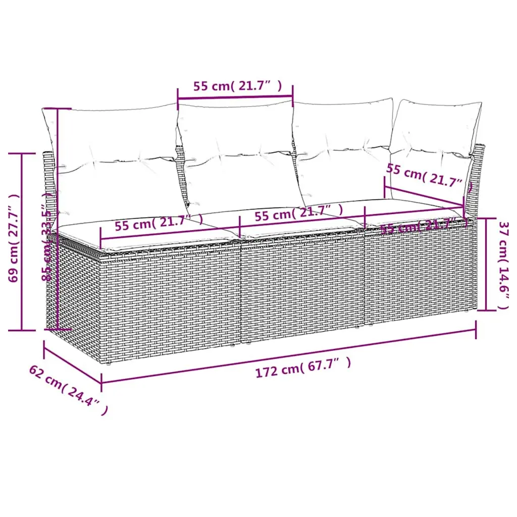 3-Seater Garden Sofa Poly Rattan Grey with Cushions and Storage
