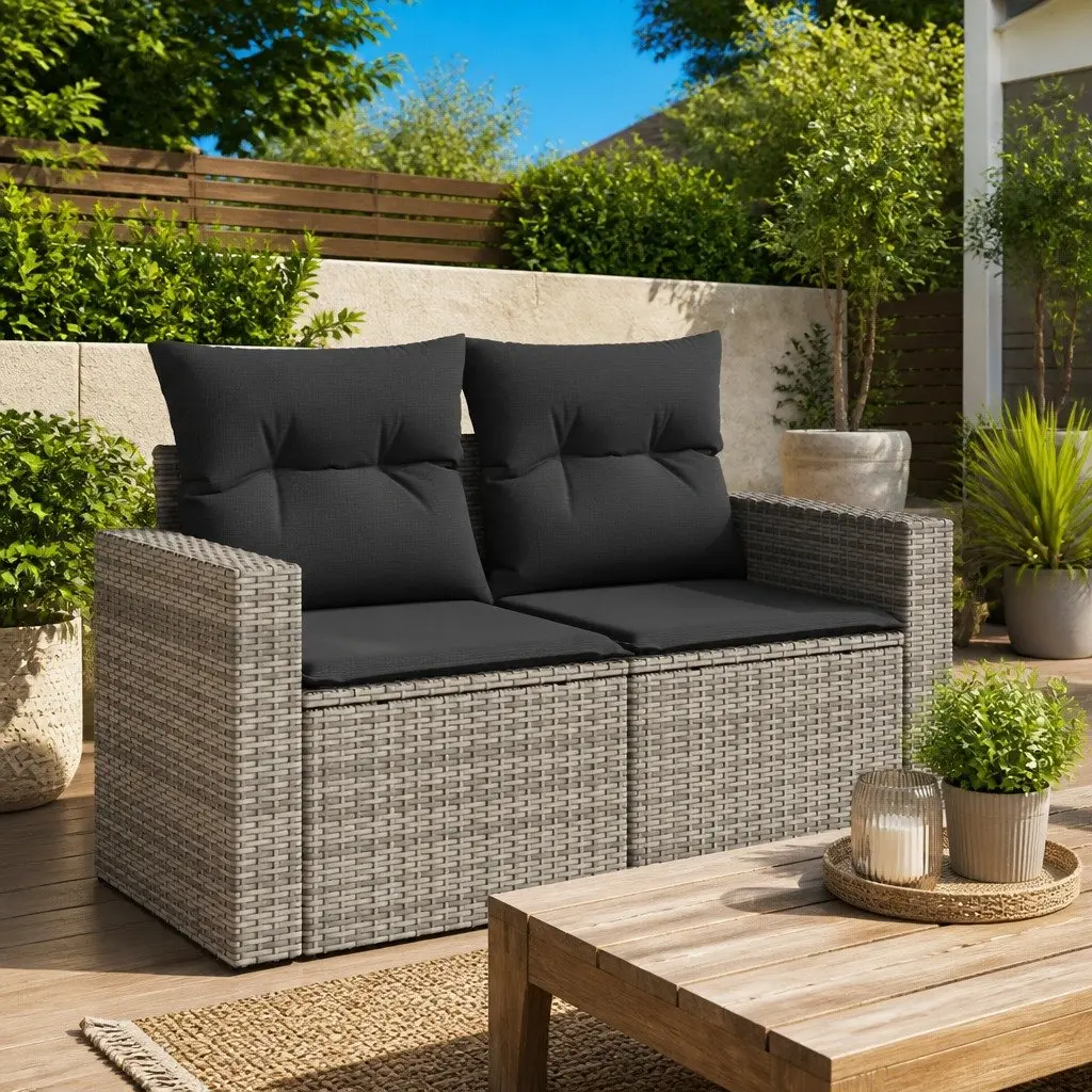 Outdoor Garden Sofa PE Rattan 2-Seater Grey with Storage Cushions