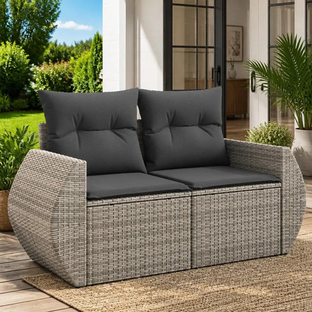 2-Seater Garden Sofa PE Rattan with Cushions Grey Outdoor Patio Furniture