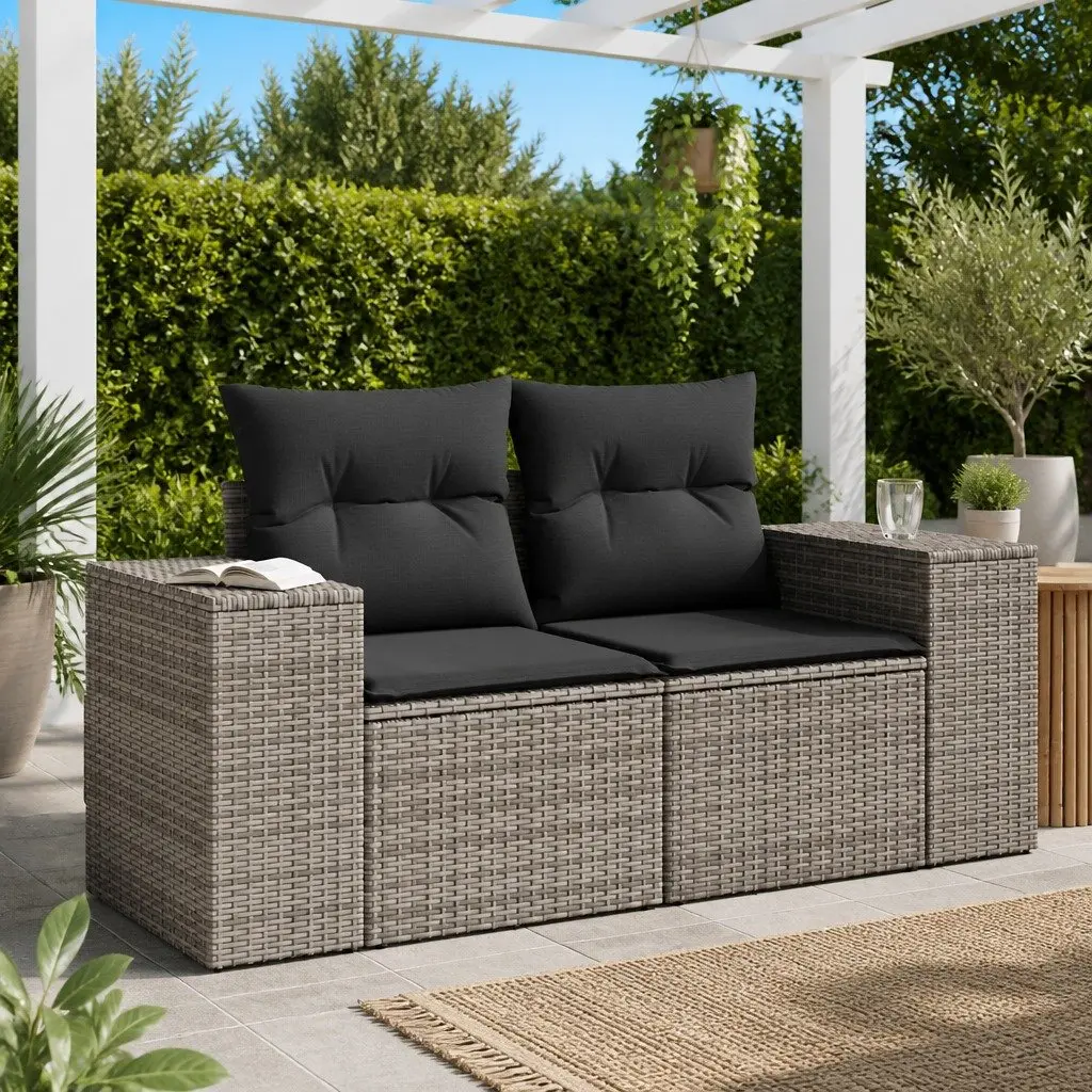 2-Seater Garden Sofa with Cushions Storage Grey Outdoor Patio Rattan Furniture