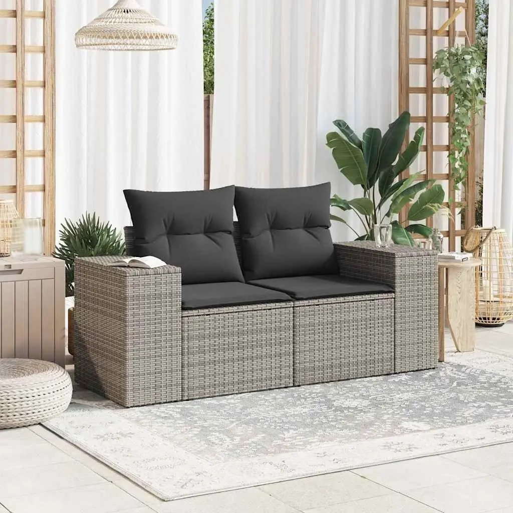 2-Seater Garden Sofa with Cushions Storage Grey Outdoor Patio Rattan Furniture
