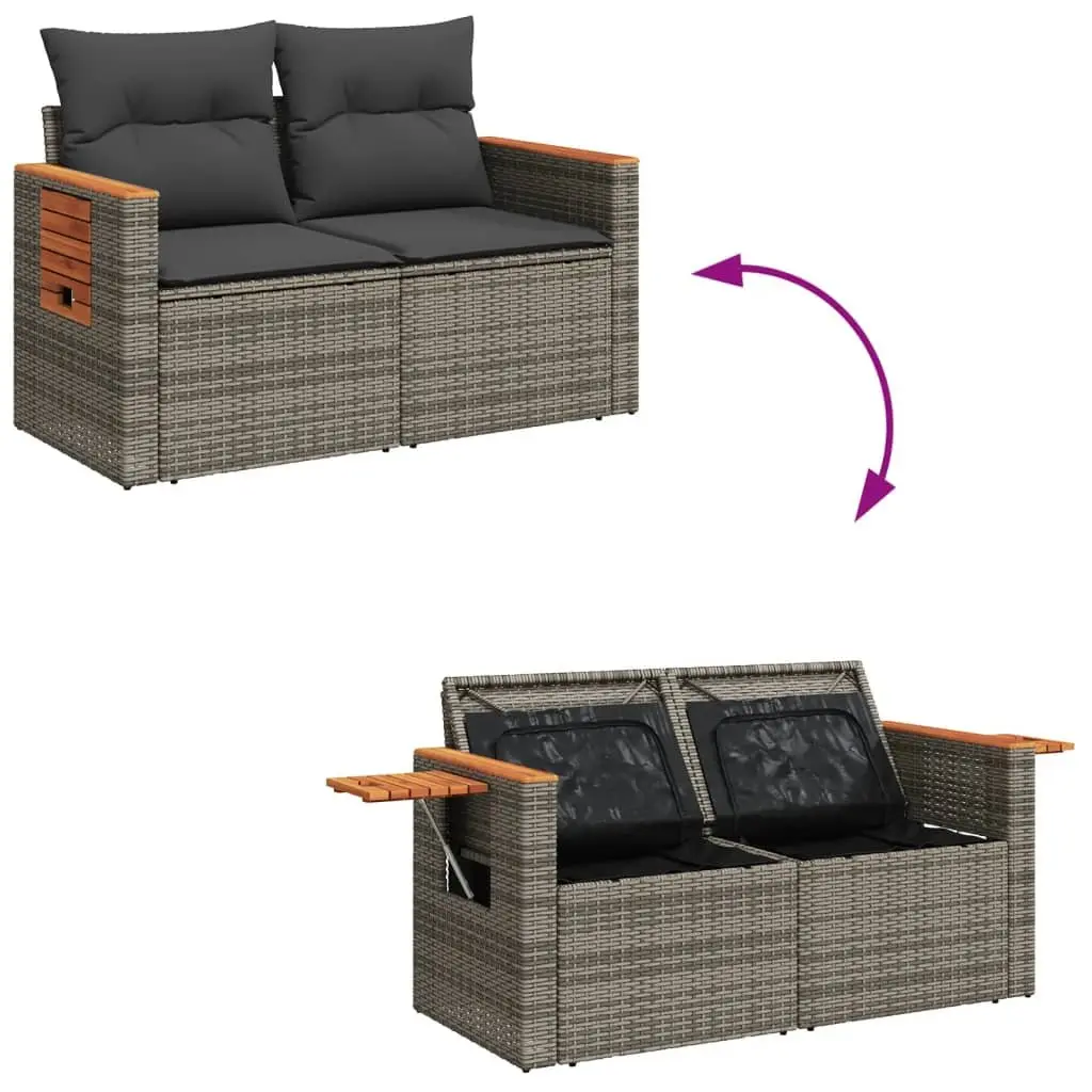 Outdoor Garden 2-Seater Sofa Grey Poly Rattan with Cushions and Foldable Side Table