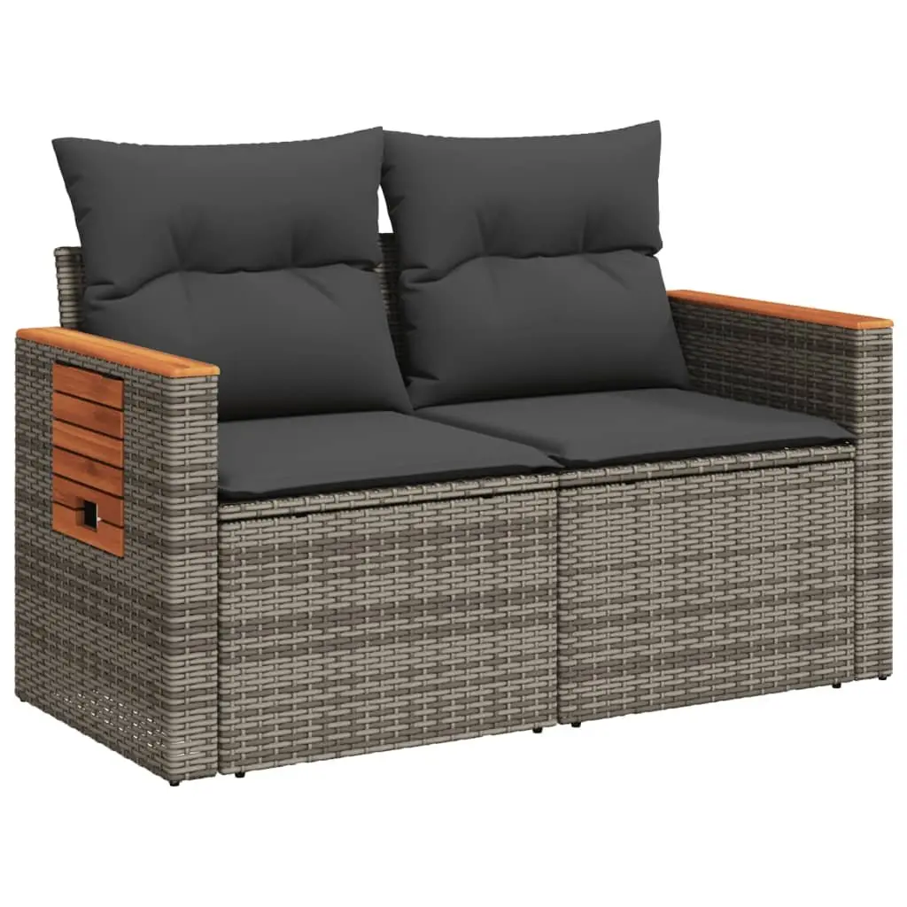 Outdoor Garden 2-Seater Sofa Grey Poly Rattan with Cushions and Foldable Side Table