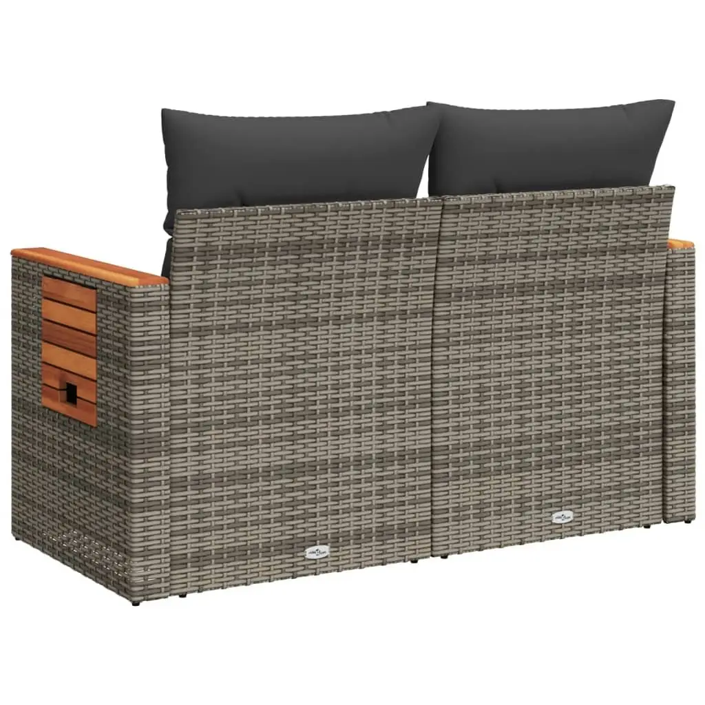 Outdoor Garden 2-Seater Sofa Grey Poly Rattan with Cushions and Foldable Side Table