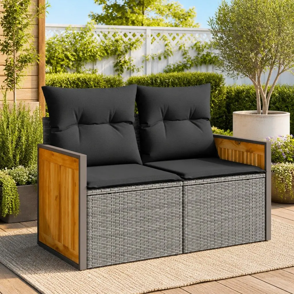 2-Seater Garden Sofa Grey Poly Rattan Outdoor Patio Furniture with Cushions